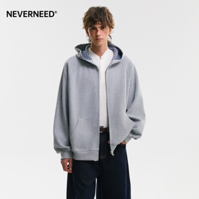 NEVERNEED双面穿格子连帽卫衣男