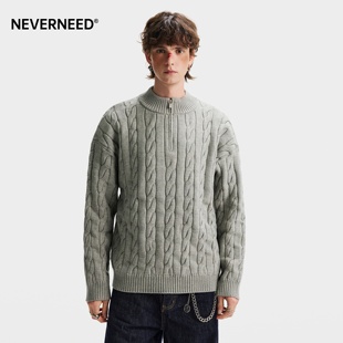 NEVERNEED半拉链麻花毛衣男女冬季美式复古慵懒情侣老钱风针织衫