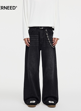 NEVERNEED黑色水洗宽松直筒牛仔裤男女秋季美式复古猫须微喇长裤
