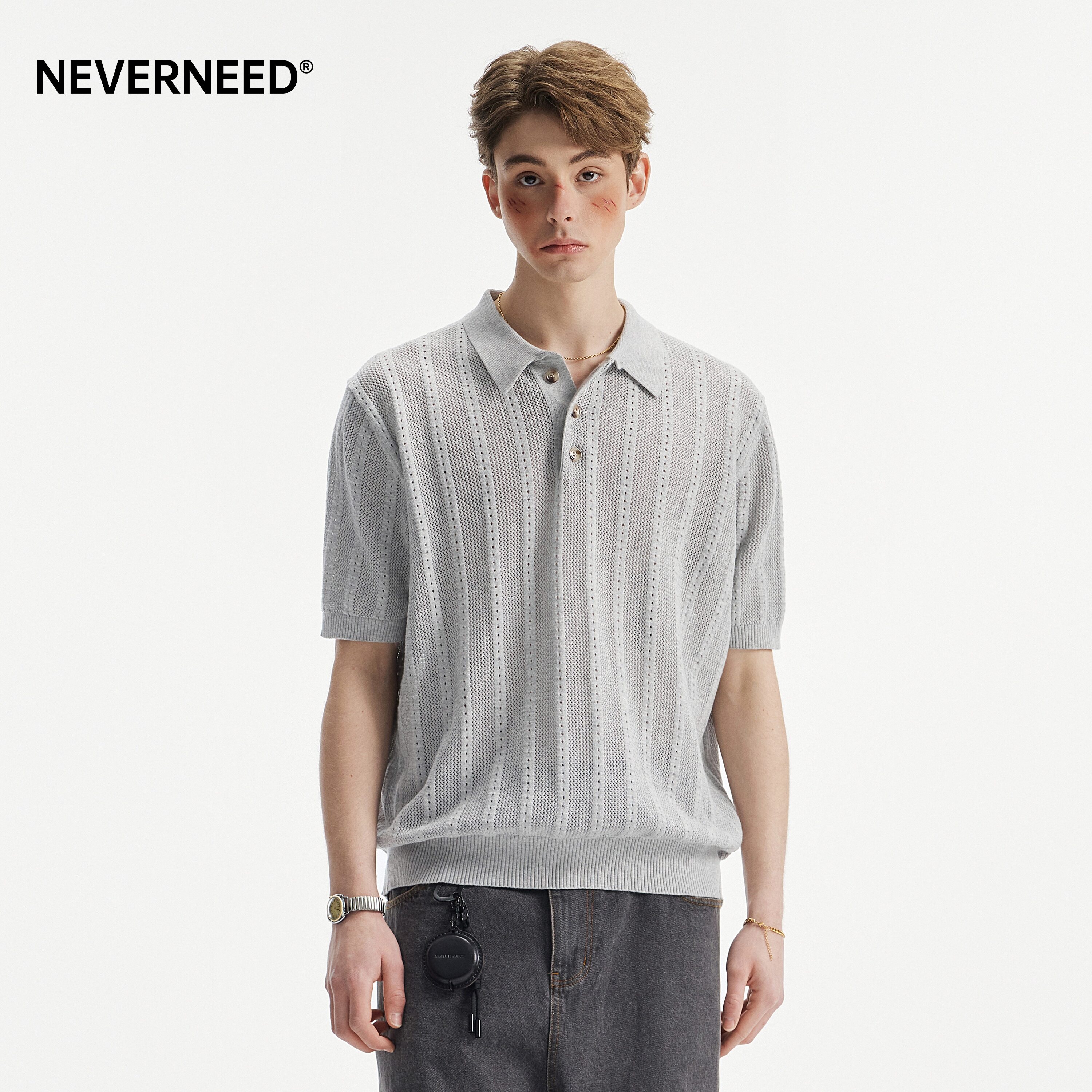 NEVERNEED提花肌理感针织短袖T恤男女夏季美式宽松翻领半袖POLO衫