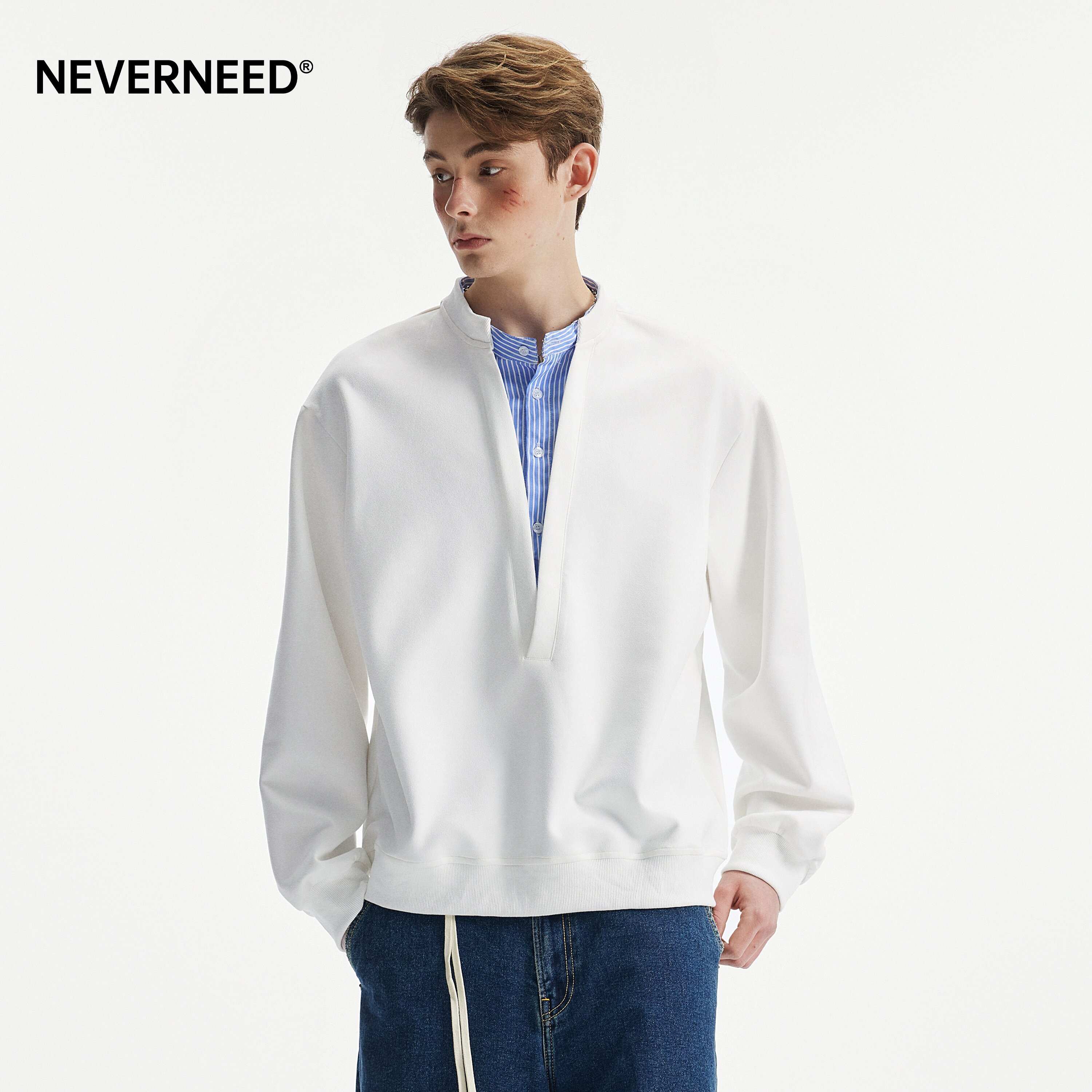 NEVERNEED条纹拼接假两件V领卫衣图片
