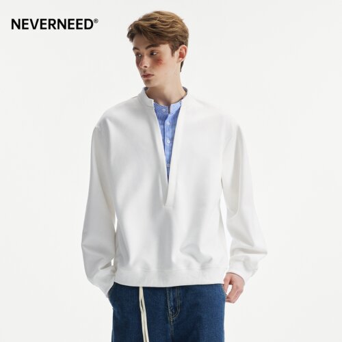 NEVERNEED条纹拼接假两件V领卫衣
