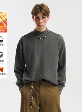 NEVERNEED双面绒半高领德绒长袖T恤男美式纯色保暖内搭套头打底衫