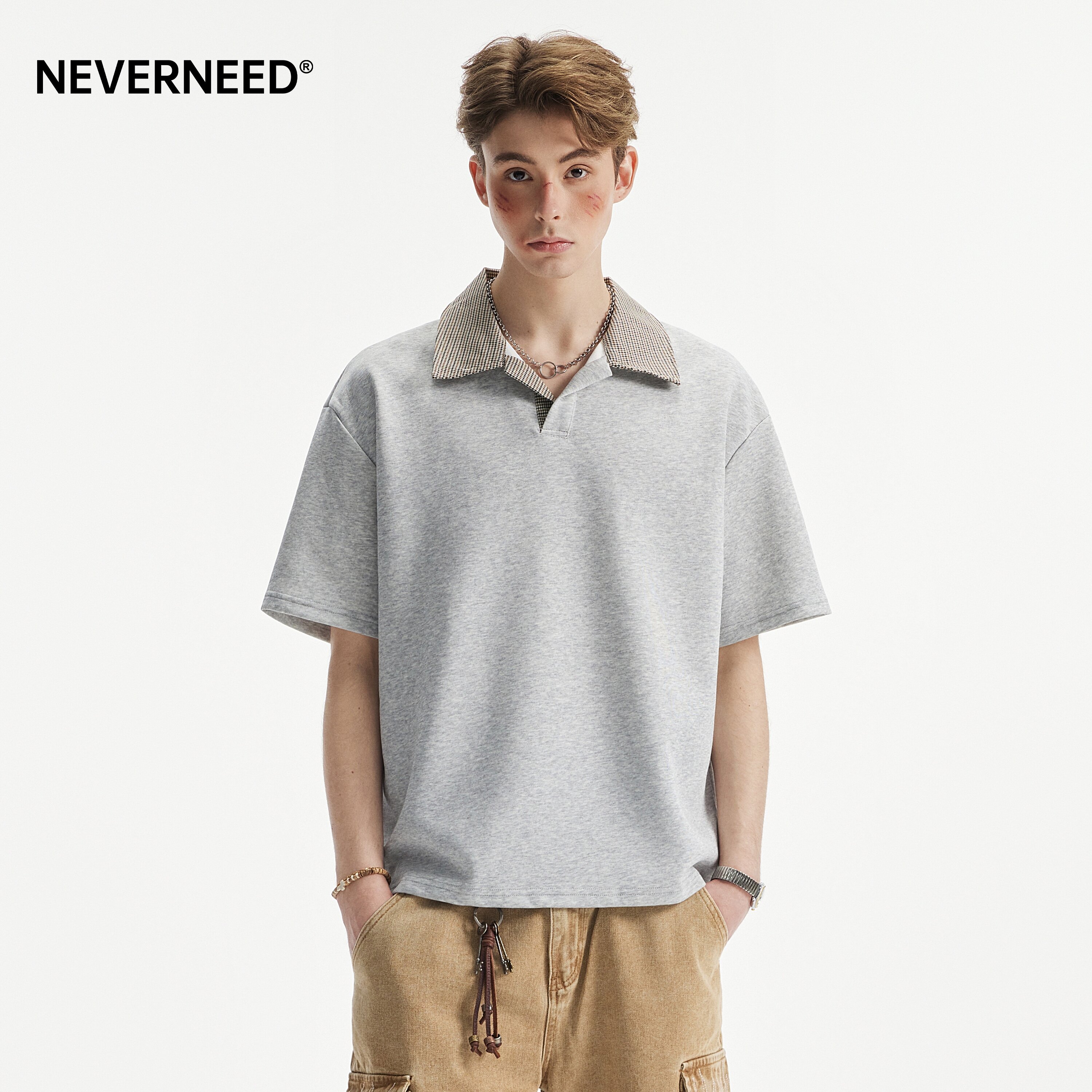 NEVERNEED拼接千鸟格polo衫男女图片