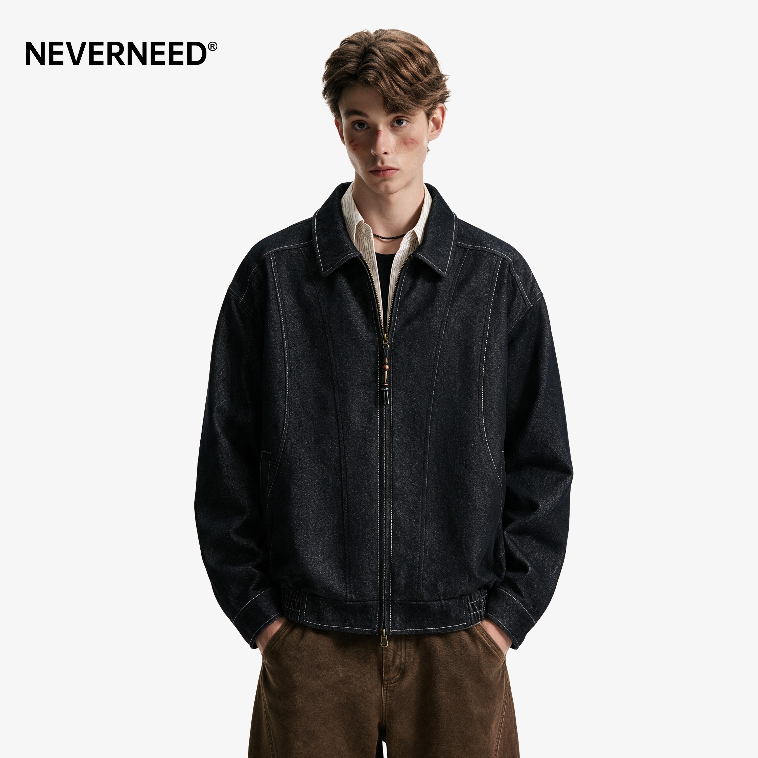NEVERNEED双拉链翻领原色牛仔外套男女秋季美式复古短款水洗夹克