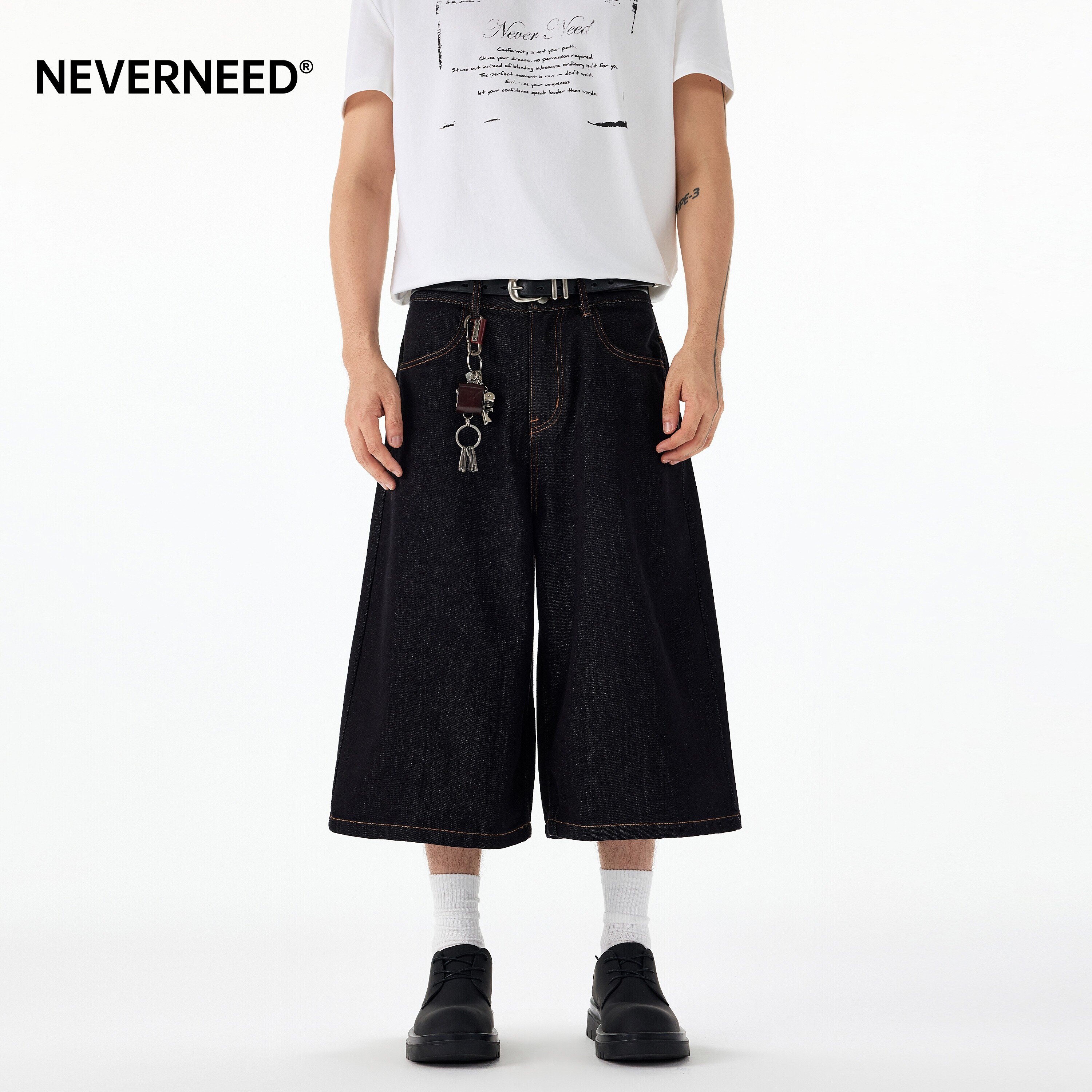 NEVERNEED美式复古天丝牛仔短裤男女夏季cleanfit情侣阔腿七分裤