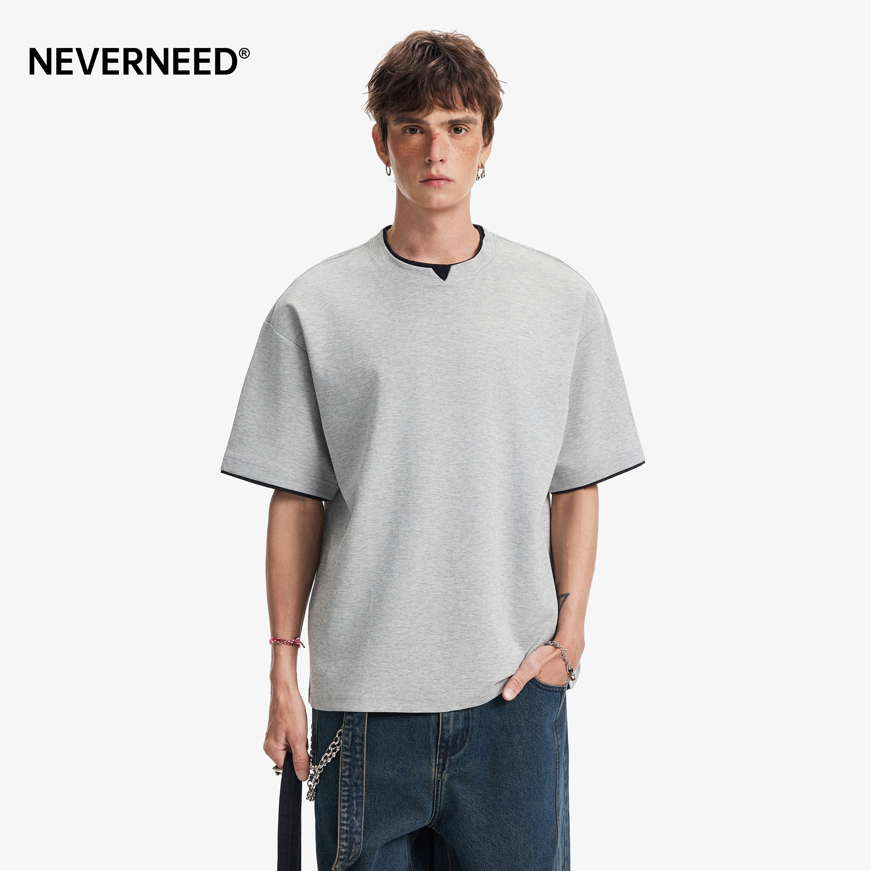 NEVERNEED假两件短袖T恤男女图片