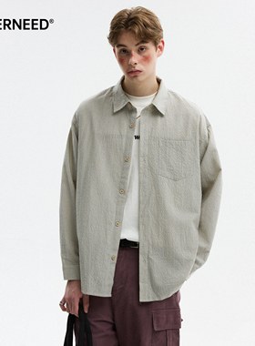NEVERNEED泡泡纱肌理感格子长袖衬衫男秋季美式潮牌休闲情侣衬衣