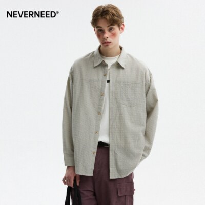 NEVERNEED泡泡纱格子长袖衬衫男