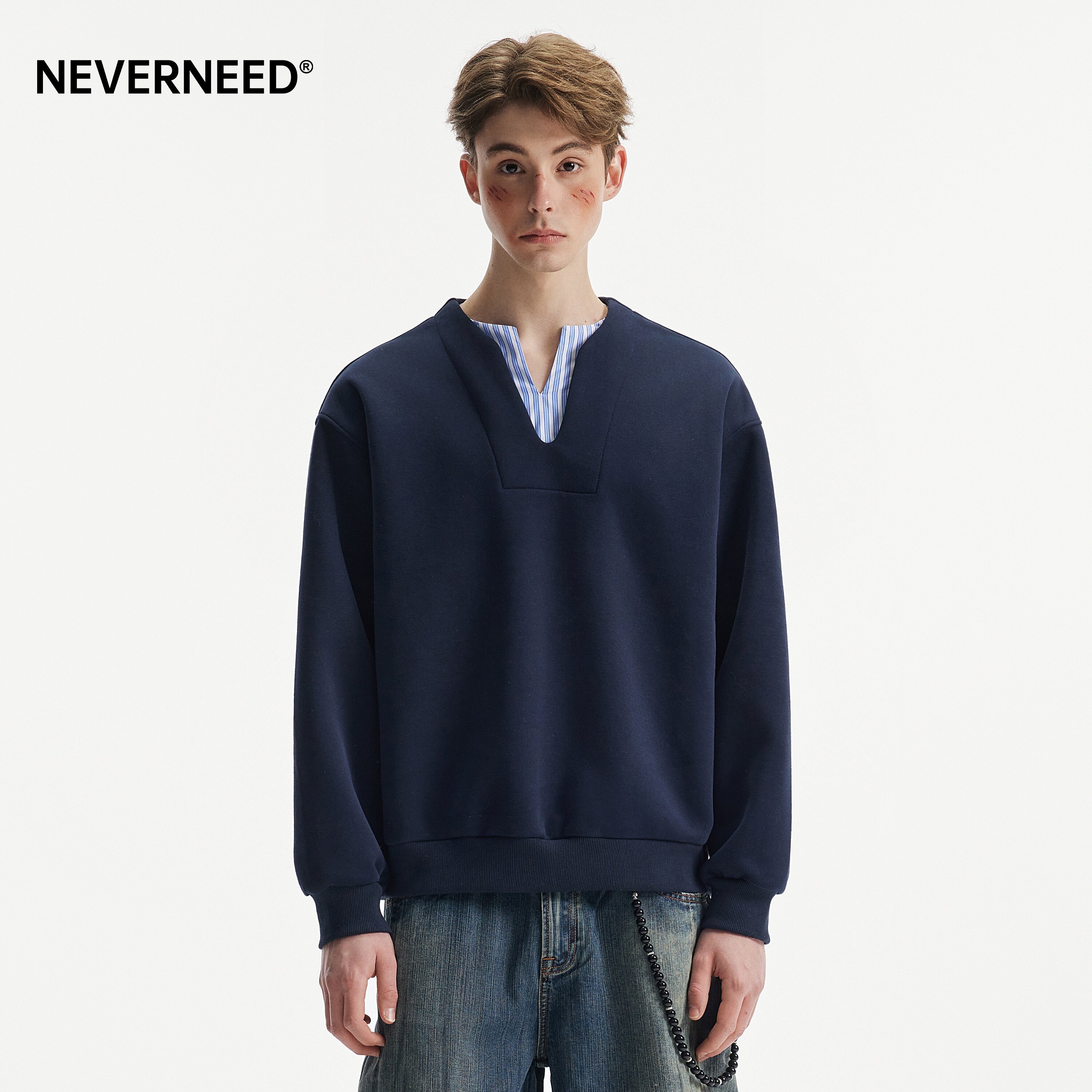 NEVERNEED假两件条纹V领卫衣男图片