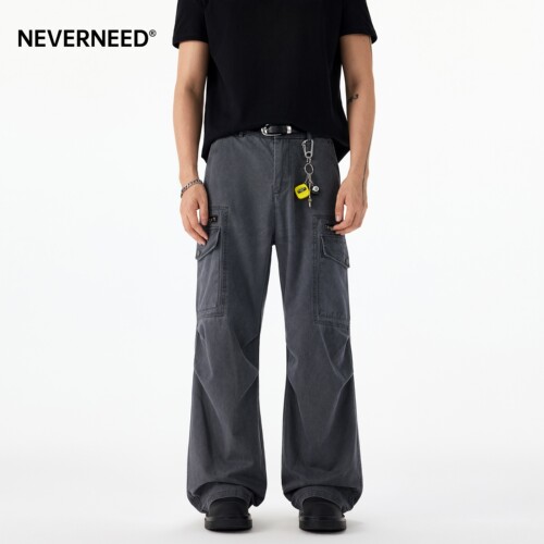 NEVERNEED褶皱直筒休闲裤男女夏