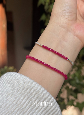 红朗姆酒｜小众钻切红宝石碎银子手链红刚玉通体s925纯银手串3mm