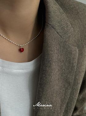 小众红玛瑙爱心橄榄珠锁骨链 通体s925纯银项链高级感小红书ins