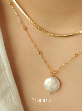 复古法式巴洛克珍珠叠戴蛇骨链 双层项链天然淡水珠黄铜厚镀金女