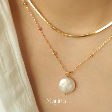 复古法式巴洛克珍珠叠戴蛇骨链 双层项链天然淡水珠黄铜厚镀金女