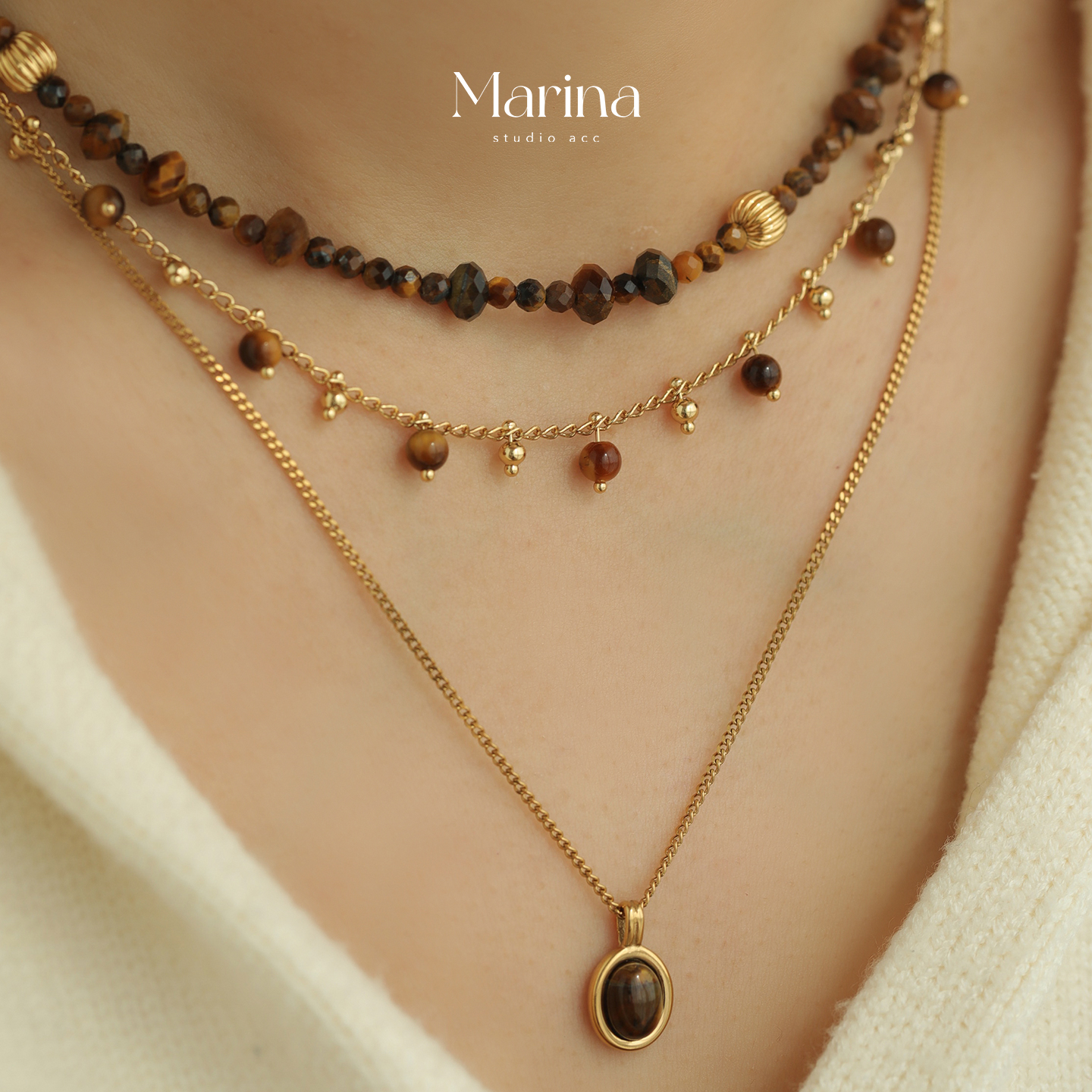 美拉德天然虎眼石多层叠戴项链【复古焦糖】轻奢小众设计感颈链