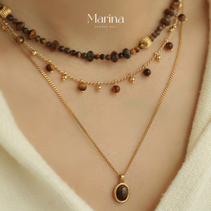 美拉德天然虎眼石多层叠戴项链【复古焦糖】轻奢小众设计感颈链