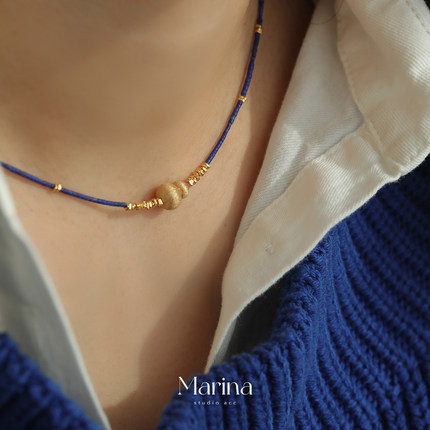 1mm极细青金石金葫芦项链｜通体925纯银碎银显白克莱因蓝吊坠女