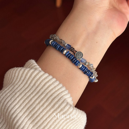 设计款【克莱因蓝】天然青金石月光石手串手链小众不撞款925银