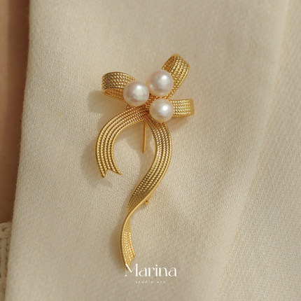 法式复古vintage丝带 高定手工胸针天然珍珠美拉德高级感配大衣