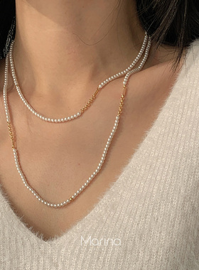 高级感法式高亮小珍珠双层叠戴毛衣链 小众长款仿珍珠项链女3mm