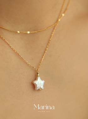 一眼心动的星星项链 通体s925纯银镀金天然淡水珍珠项链女锁骨链