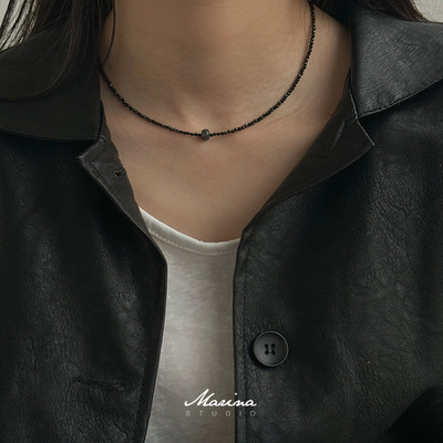 【黑迷梦】小众黑尖晶闪光石颈链女 甜酷串珠短款叠戴锁骨链项链