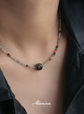 【墨染线】3mm彩兔毛多巴胺手工天然石串珠项链 小众设计款锁骨链