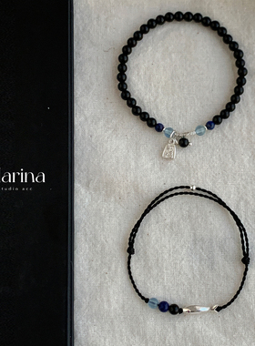 好运锦鲤｜天然黑曜石海蓝宝招财纳福小鱼手串手绳手工制作925银