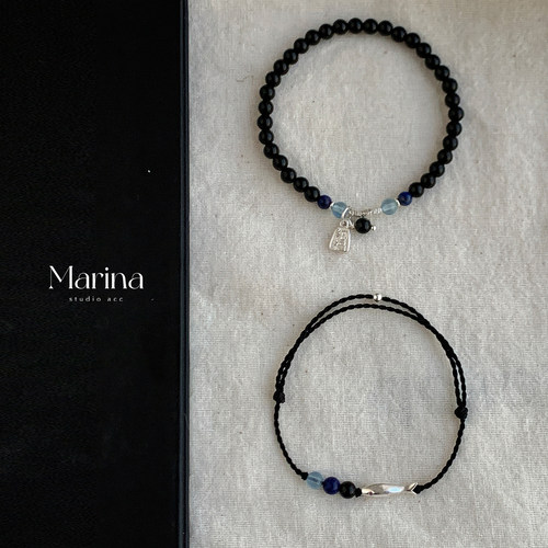 好运锦鲤｜天然黑曜石海蓝宝招财纳福小鱼手串手绳手工制作925银