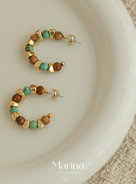 【迷雾森林】复古彩色天然石串珠金色c型素圈耳钉耳圈耳饰925银针