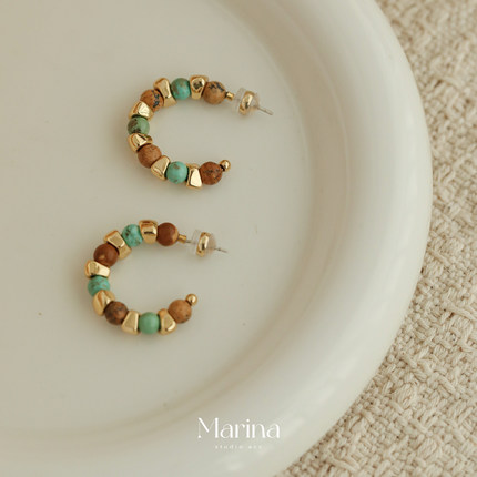 【迷雾森林】复古彩色天然石串珠金色c型素圈耳钉耳圈耳饰925银针