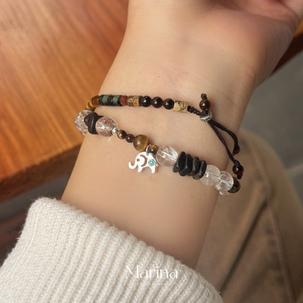 新中式设计款【白雾木象】小象天然沉香木白水晶手工手串手链串珠