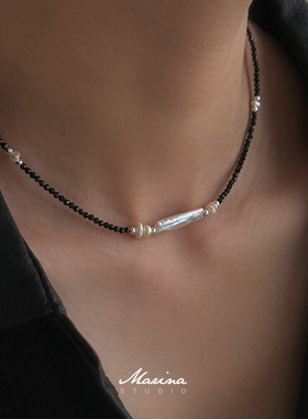 小众天然珍珠黑晶石项链