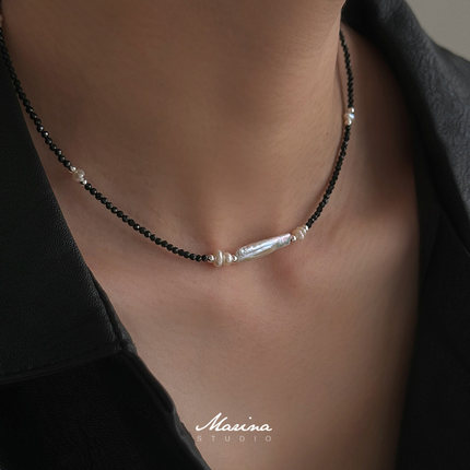 Marina｜复古手工串珠项链天然巴洛克珍珠黑晶石 小众锁骨链叠戴