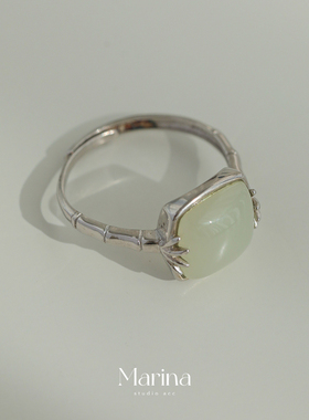 小方糖和田玉竹节复古925纯银戒指新中式天然玉石小众设计感女