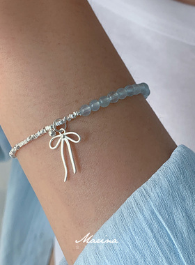 清冷高级感天然海蓝宝通体s925纯银蝴蝶结手工串珠手链水晶手串女