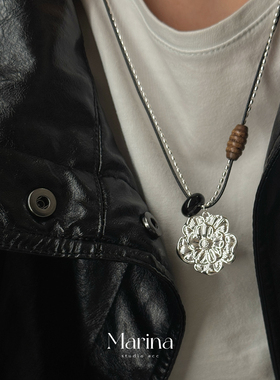 复古新中式花朵天然石皮绳项链【浮花】小众设计毛衣链长款吊坠