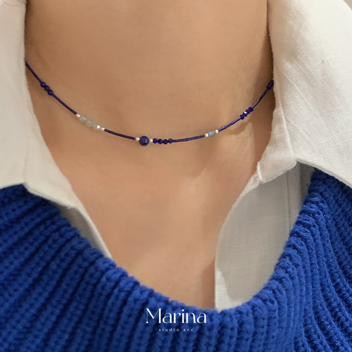 设计款显白极细1mm天然青金石海蓝宝项链 s925银宝蓝色颈链女