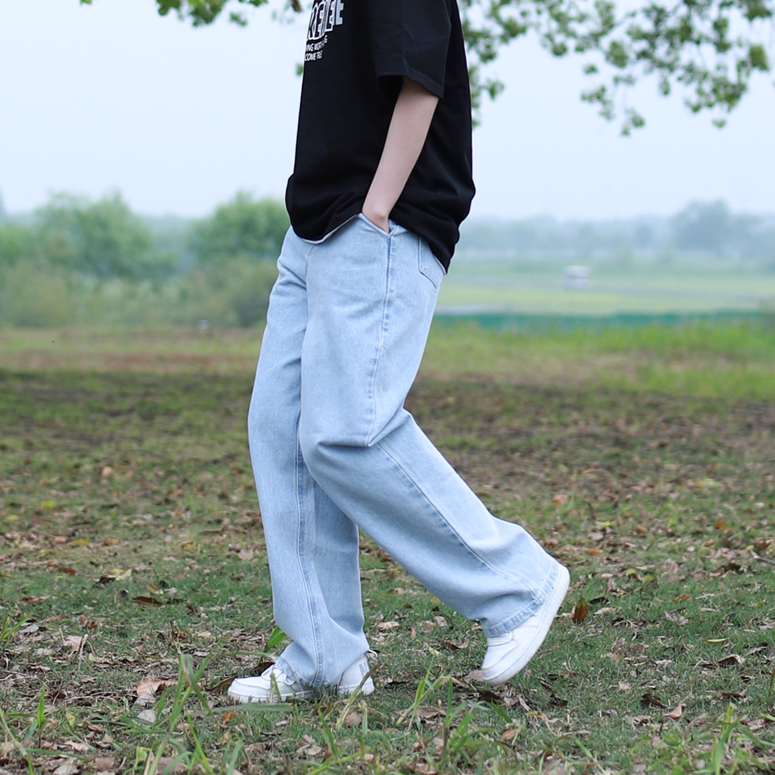 carryon21ss 浅蓝白色复古牛仔裤男女宽松直筒裤潮牌阔腿休闲长裤