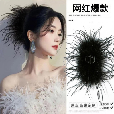高级感羽毛发夹后脑勺显发量大号蓬松毛毛鲨鱼夹黑色夹子头饰抓夹