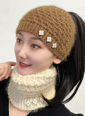 冬天护额发带女保暖宽边针织毛线帽包头巾头套护耳发箍遮白发头饰