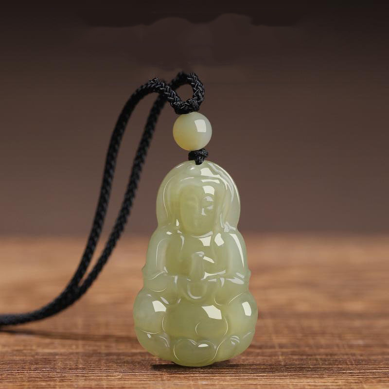 和田色观音吊坠男女款玉石青色观音菩萨本命年礼物挂件项链佛像