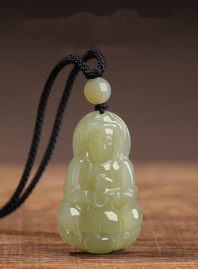 和田色观音吊坠男女款玉石青色观音菩萨本命年礼物挂件项链佛像