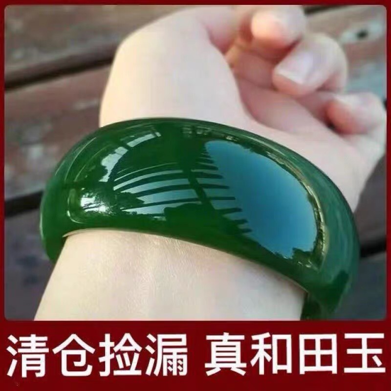 和田色玉碧玉手镯女款菠菜绿加宽加厚碧玉镯子翡翠手链简约款手镯