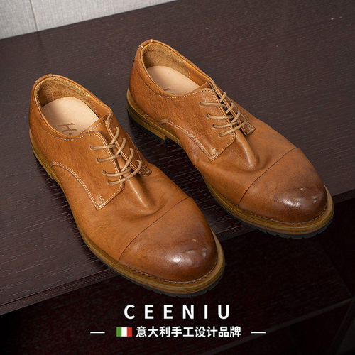 CEENIU意大利复古水洗做旧马皮婚鞋男英伦商务正装休闲手工皮鞋