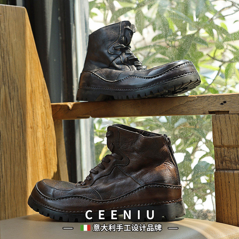 CEENIU意大利手工做旧复古真皮高帮板鞋潮流透气厚底拉链短靴男