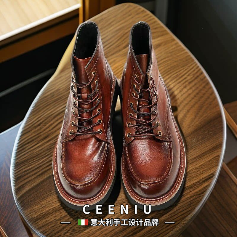CEENIU意大利美式复古工装靴马皮高帮手工做旧男鞋休闲马丁靴男款