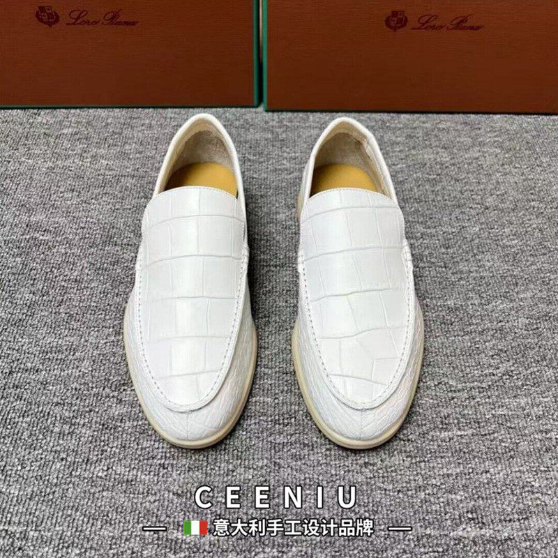 CEENIU意大利白色鳄鱼皮鞋一脚蹬欧美时尚休闲轻便舒适真皮男鞋子