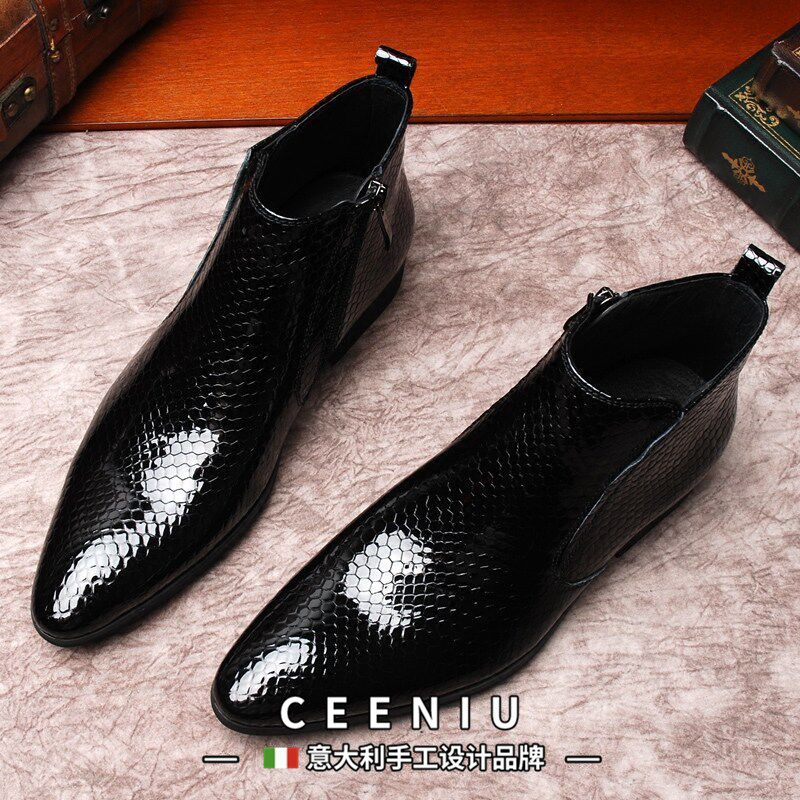 CEENIU意大利蛇纹切尔西皮靴漆皮男士高帮马丁靴真皮短靴皮鞋男靴